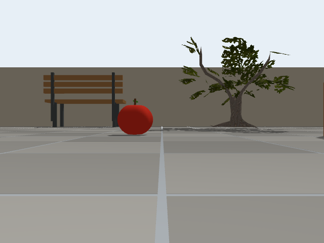 Gazebo robot-camera image showing an apple, a bench, and trees